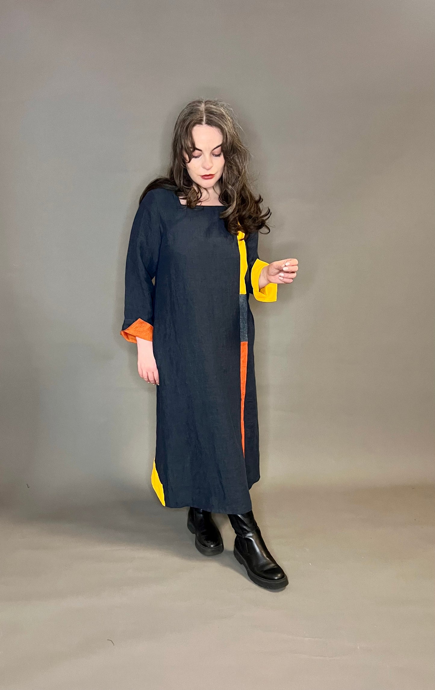 Terry Macey Boston Dress in Navy with Gold/Orange Detail