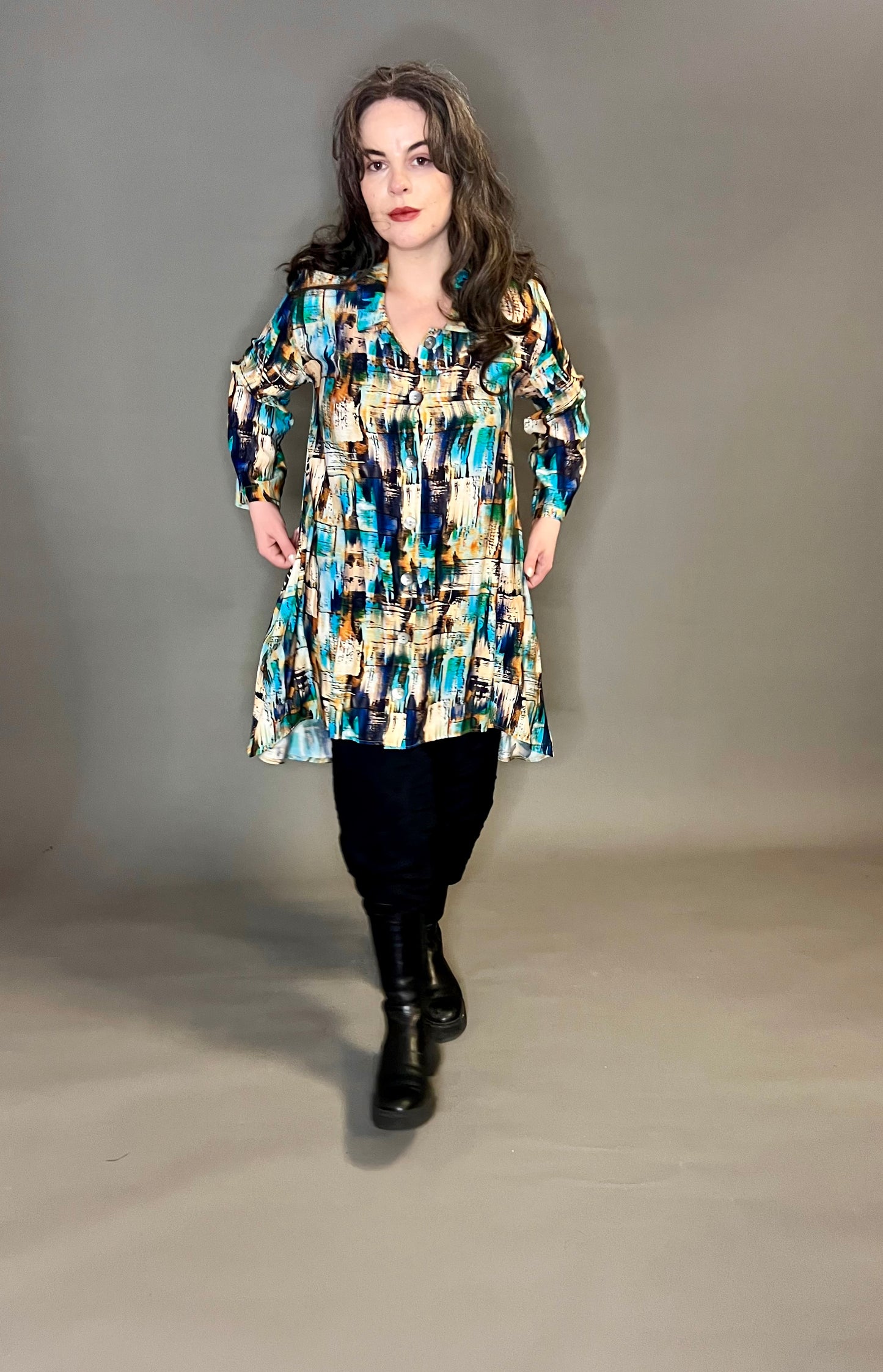 Out of Xile Vintage Fabric Button Tunic in Abstract Print