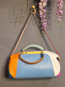 Oska Johansson, Leather Rainbow Bag. Brown and Blue Facing panels.